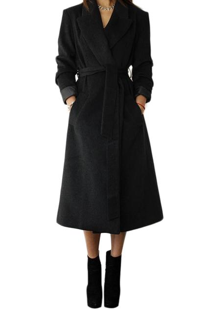 Romwe Vintage Self-tie Long Black Coat