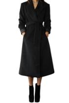 Romwe Vintage Self-tie Long Black Coat