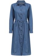 Romwe Lapel Pocket Drawstring Denim Shirt Dress