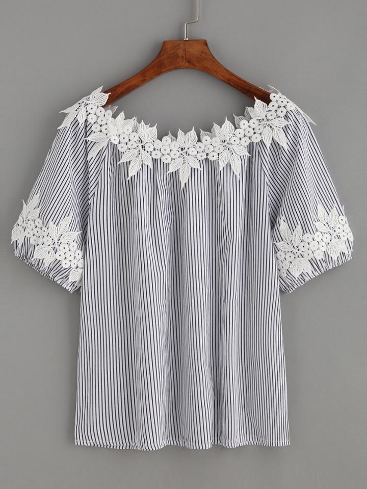 Romwe Black Vertical Stripe Crochet Applique Blouse