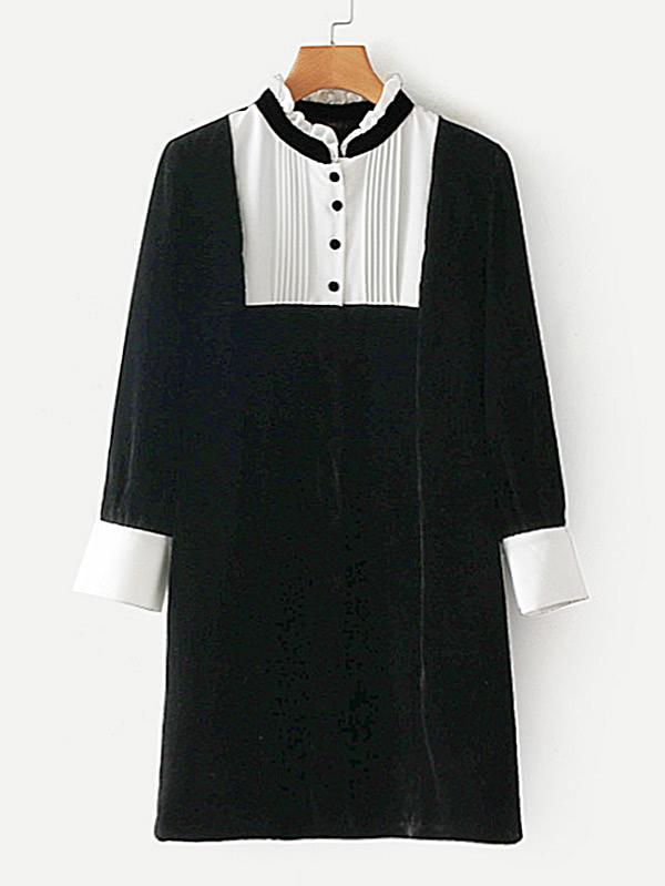 Romwe Contrast Panel Pleated Detail Velvet Dress