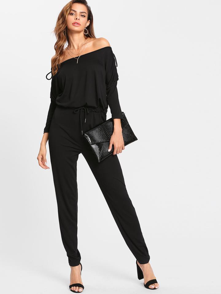 Romwe Bardot Lace Up Detail Jumpsuit