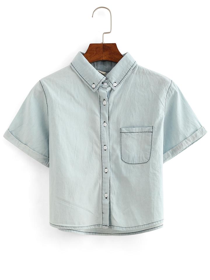 Romwe Rolled Sleeve Pocket Blouse