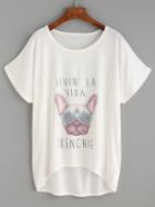 Romwe White Dog Print High Low Dolman Sleeve T-shirt