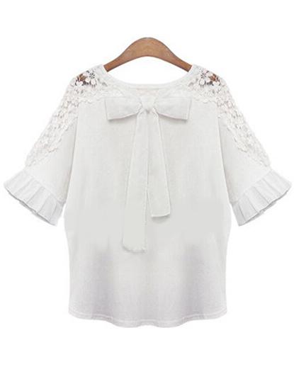 Romwe With Bow Lace Hollow Embroidered White Top