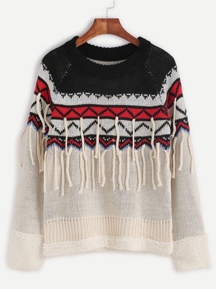Romwe Color Block Geo Pattern Fringe Sweater