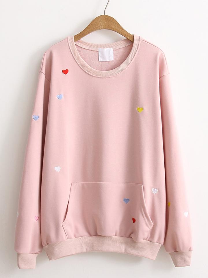 Romwe Heart Embroidery Kangaroo Pocket Sweatshirt