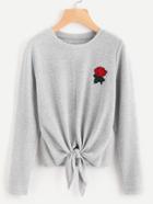 Romwe Rose Embroidered Patch Knot Front T-shirt