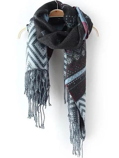Romwe Tribal Print Tassel Grey Scarf