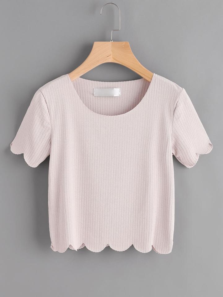 Romwe Scallop Trim Ribbed Crop Tee