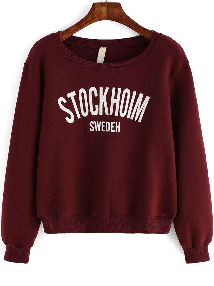 Romwe Stock Print Crop Burgundy Sweatshirt