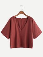 Romwe Brick Red V Neck Elbow Sleeve Blouse