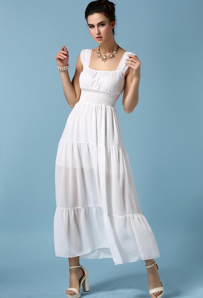 Romwe Strap Pleated Chiffon White Dress