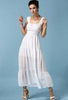 Romwe Strap Pleated Chiffon White Dress