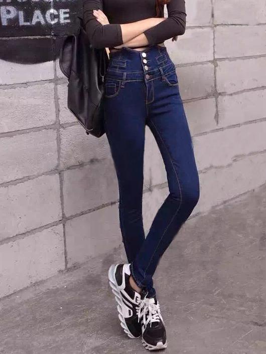 Romwe High Waist Single Breasted Denim Blue Pant