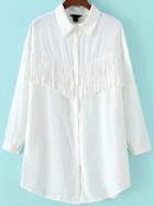 Romwe Lapel Buttons Tassel White Blouse