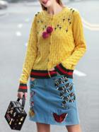 Romwe Yellow Tie Neck Knit Top With Embroidered Skirt