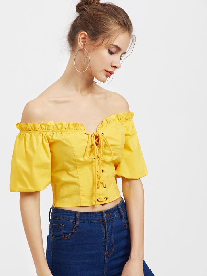 Romwe Bardot Neck Bell Sleeve Lace Up Corset Top