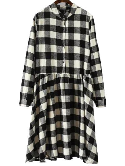 Romwe Plaid Pleated Black Shirt Dress