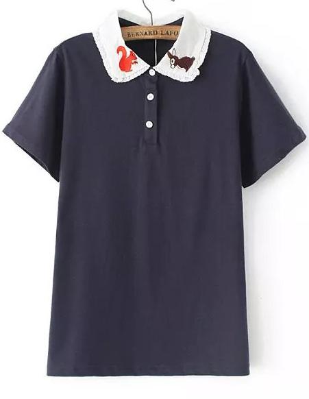Romwe Squirrel Embroidered With Buttons Navy T-shirt