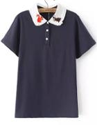Romwe Squirrel Embroidered With Buttons Navy T-shirt