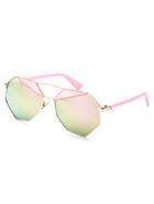 Romwe Pink Frame Metal Trim Geometric Mirrored Sunglasses