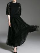 Romwe Black Contrast Lace Top With Gauze Skirt