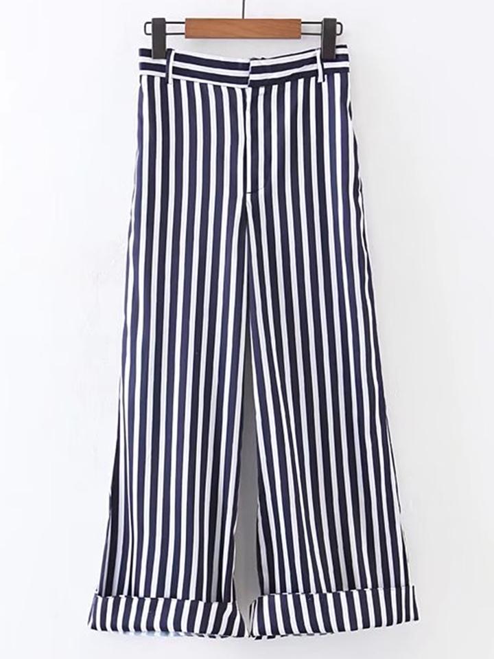 Romwe Vertical Striped Rolled Hem Wide Leg Pants