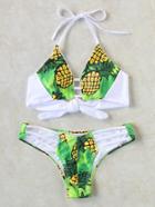 Romwe Pineapple Print Ladder Cutout Halter Bikini Set