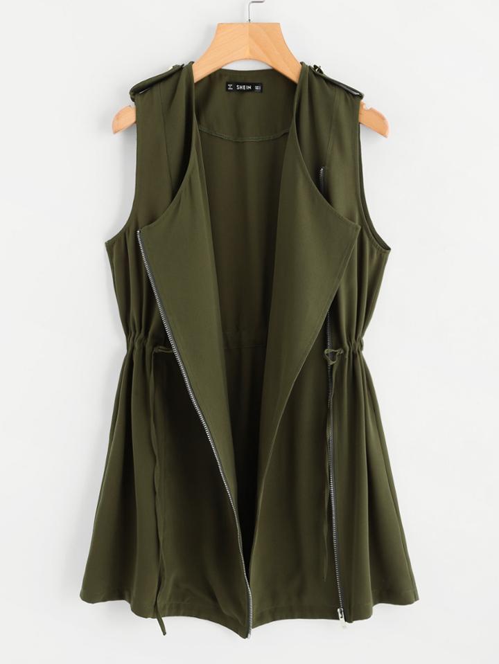 Romwe Drawstring Waist Zipper Up Vest