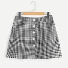 Romwe Single Breasted Front Gingham Skirt
