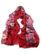Romwe Red Flower Printed Boho Style Wide Cotton Scarf For Ladies