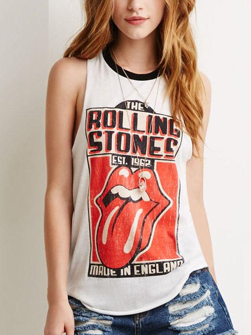 Romwe Contrast Neck Curved Hem Print Racer Tank Top