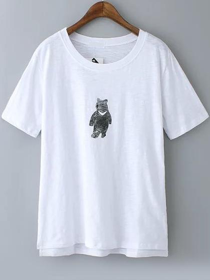 Romwe Bear Print Loose White T-shirt