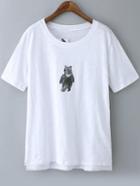 Romwe Bear Print Loose White T-shirt