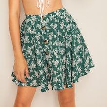 Romwe Botanical Print Button Up Swing Skirt