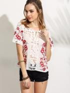 Romwe Tie Neck Lace Insert Flower Embroidered Hollow Top
