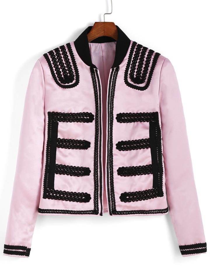 Romwe Contrast Collar Crochet Crop Coat