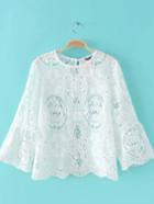 Romwe White Bell Sleeve Hollow Lace Blouse