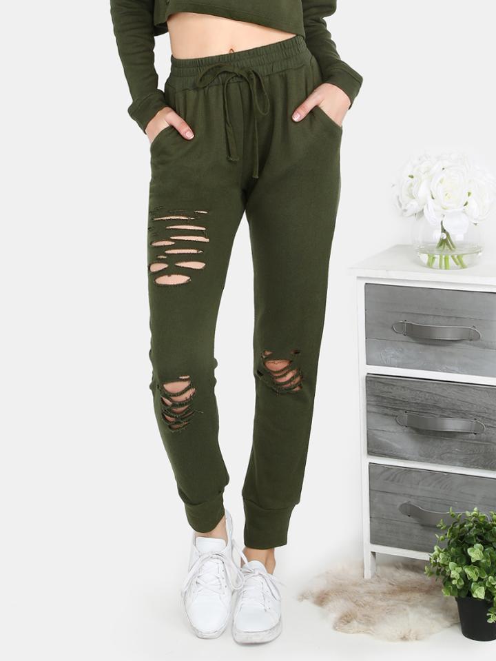 Romwe Distressed Waist Tie Sweatpants Olive