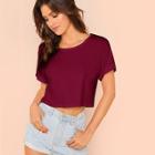 Romwe Solid Roll Up Sleeve Crop Top