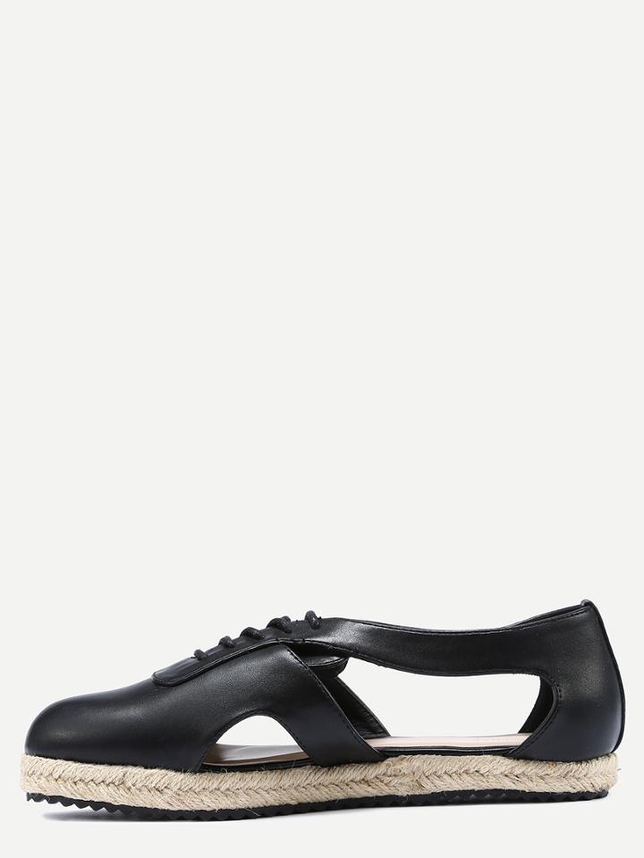 Romwe Black Lace Up Cut Out Flats