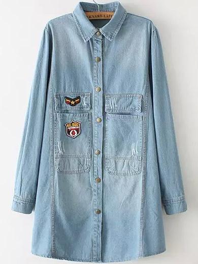 Romwe Lapel With Pockets Patch Denim Pale Blue Coat