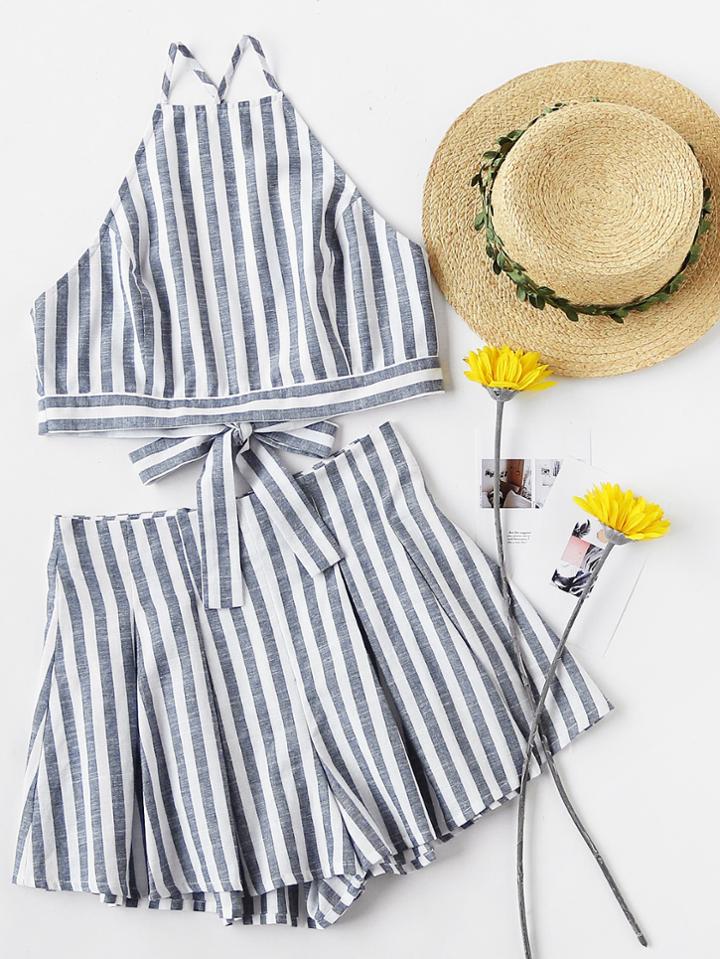 Romwe Crisscross Tie Back Striped Cami Top And Pleated Shorts Set