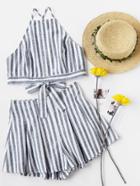 Romwe Crisscross Tie Back Striped Cami Top And Pleated Shorts Set
