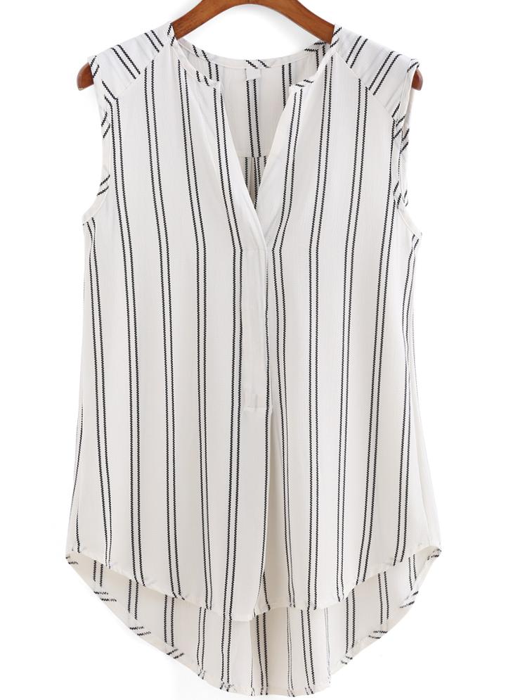Romwe V Neck Dip Hem Vertical Striped Chiffon White Tank Top