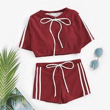 Romwe Striped Drawstring Two Piece Swimwear