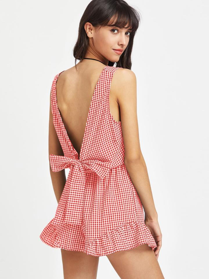 Romwe Plunge Gingham Open Back Bow Frill Hem Romper