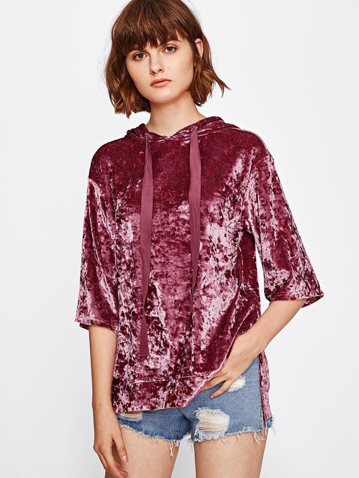 Romwe Drop Shoulder Crushed Velvet Hoodie