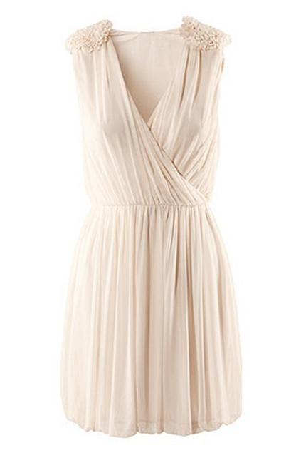 Romwe Flower Embellished Crossed Elastic Pleated Cream Dress